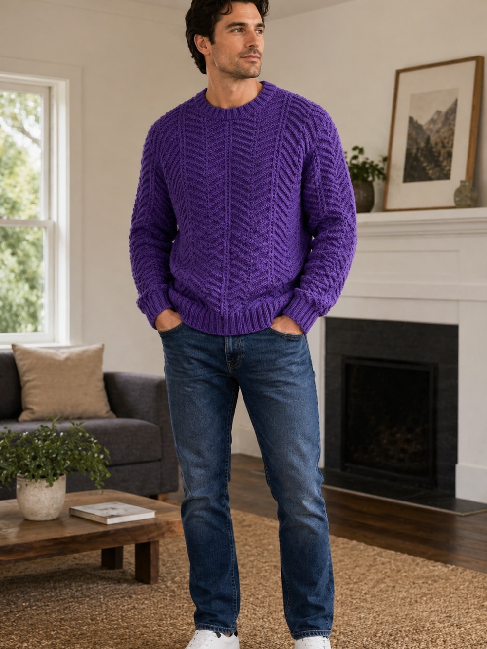 Vintage L.L. Bean Deep Purple Chevron Knit Crewneck Sweater